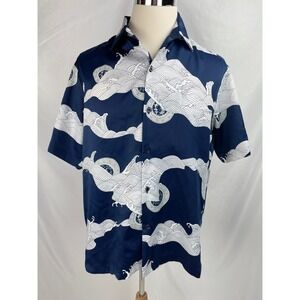 Tori Richard Hawaiian Men XL Blue White Wave Japanese Short Sleeve Shirt FLAW